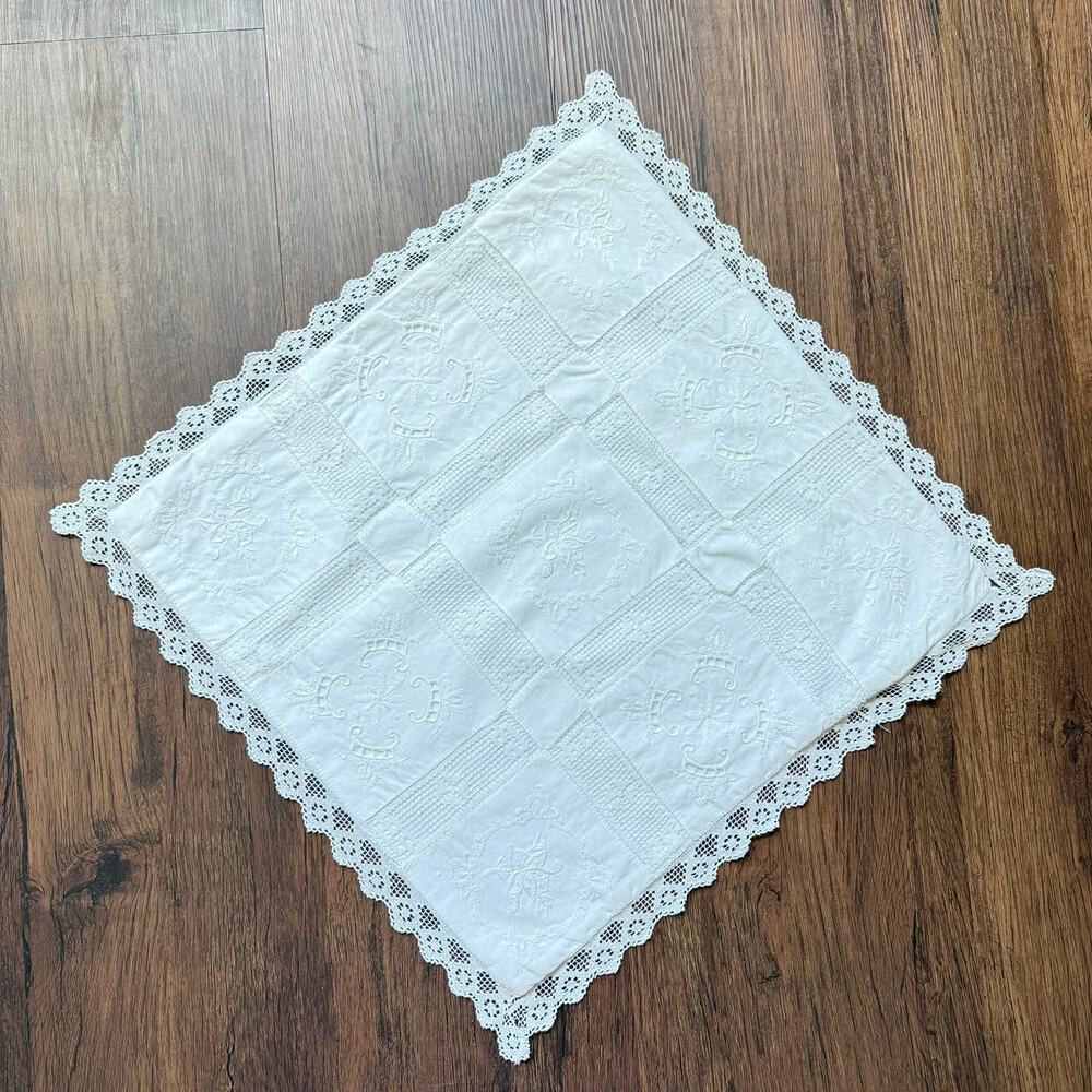 Embroidered White Lace Pillow Cover 15x15 Square Vintage Cottagecore